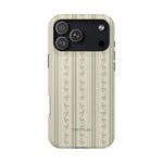 Roselle iPhone case featuring a floral striped design in soft green and cream colors with a black camera cutout.