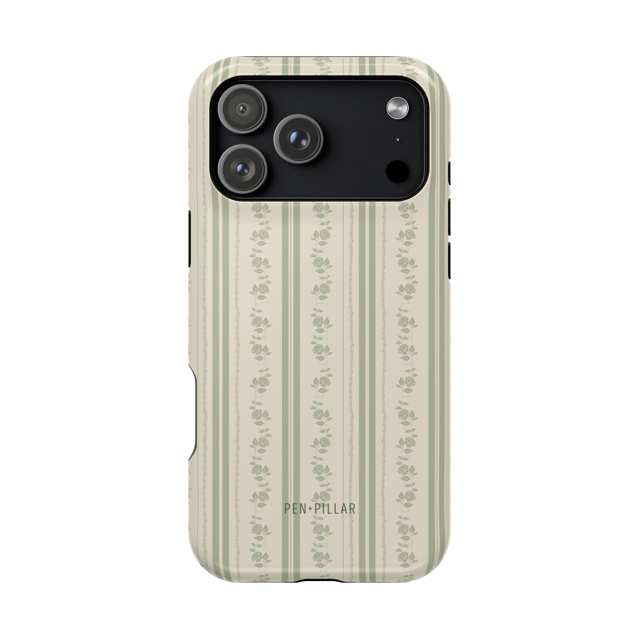Roselle iPhone case featuring a floral striped design in soft green and cream colors with a black camera cutout.