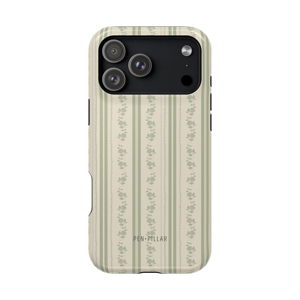 Roselle iPhone case featuring a floral striped design in soft green and cream colors with a black camera cutout.