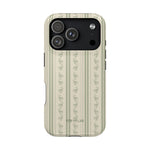 Roselle iPhone case featuring a floral pattern with vertical stripes in soft green and cream colors.