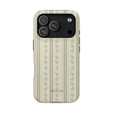 Roselle iPhone case featuring a floral pattern with vertical stripes in soft green and cream colors.