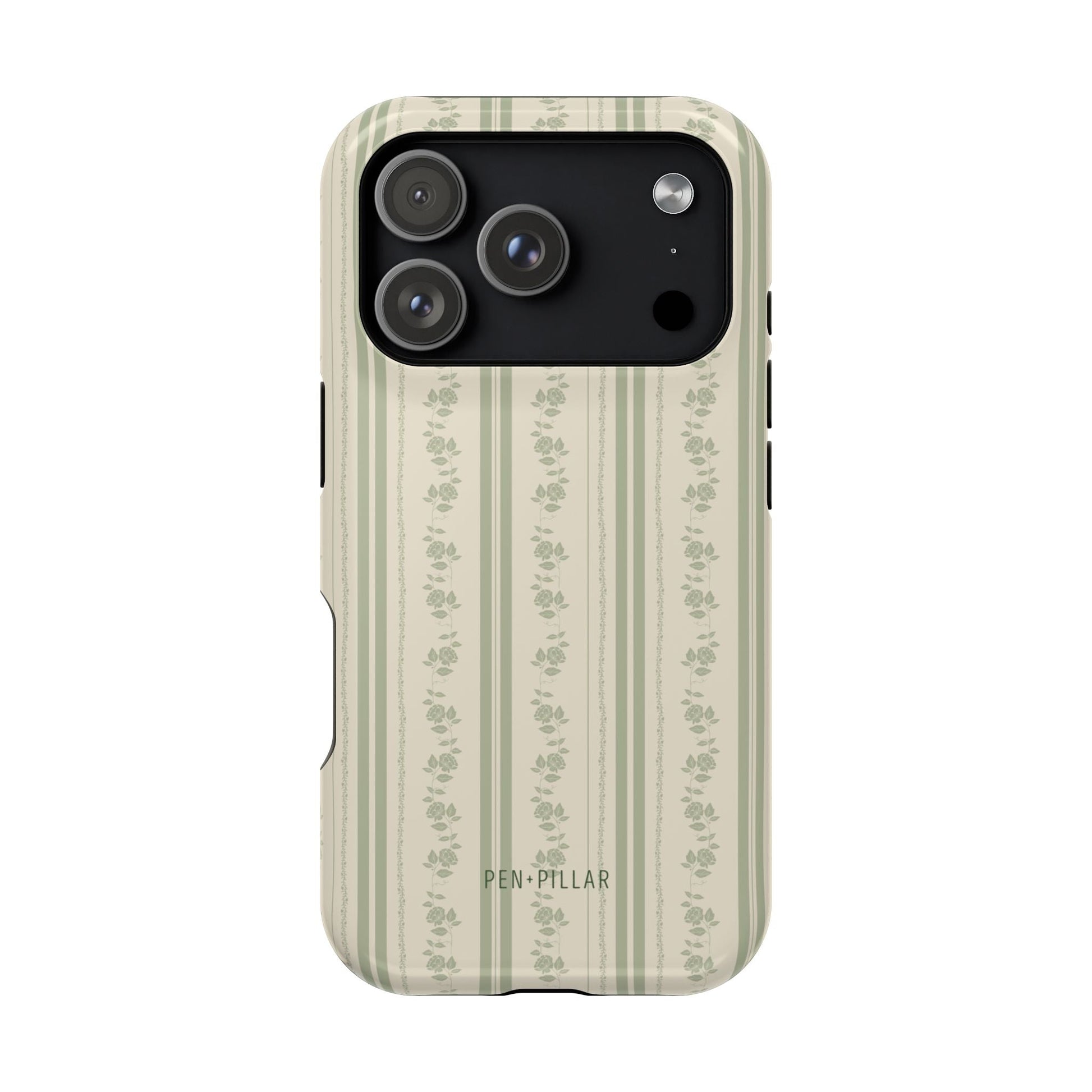 Roselle iPhone case featuring a floral pattern with vertical stripes in soft green and cream colors.