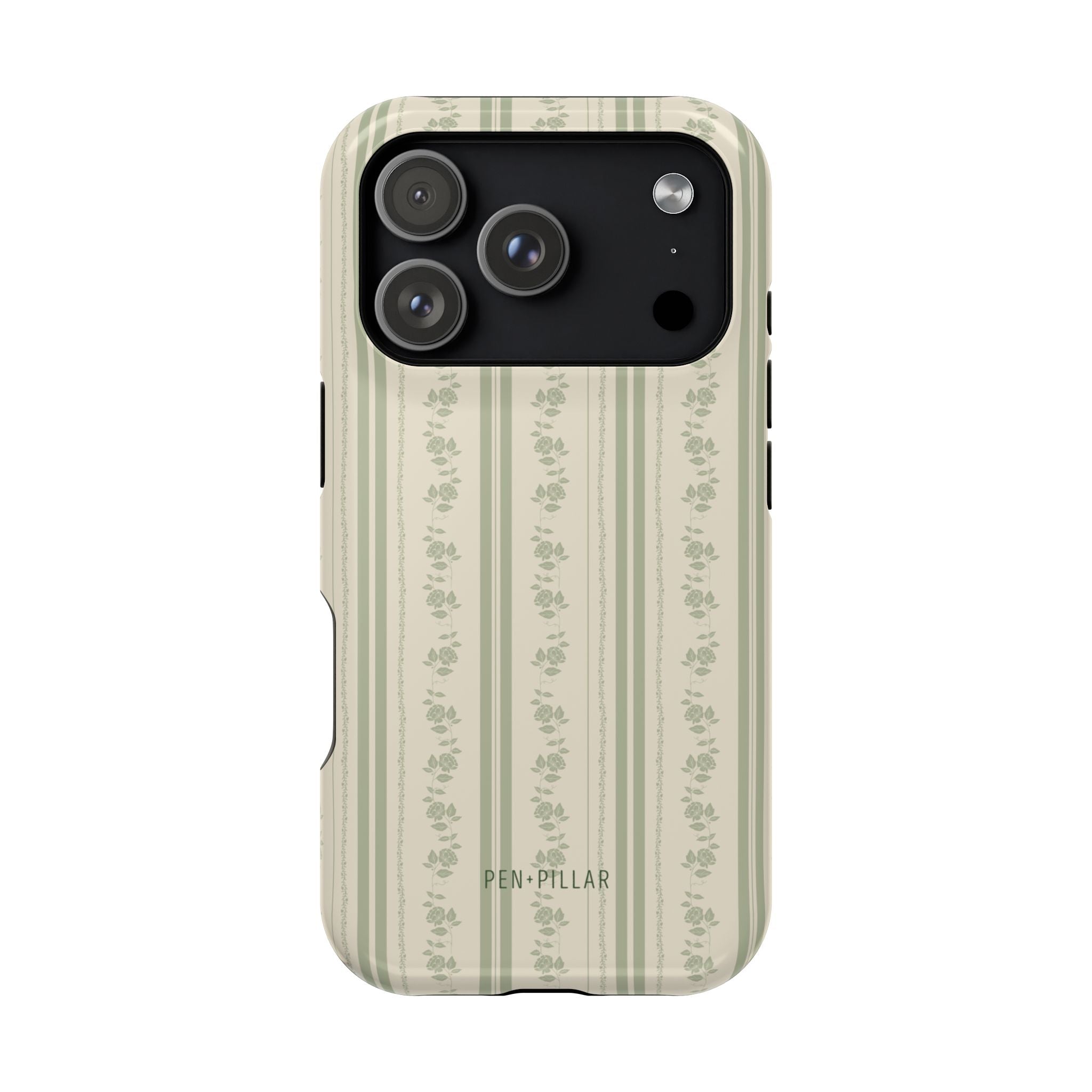 Roselle iPhone case featuring a floral pattern with vertical stripes in soft green and cream colors.
