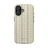 Roselle iPhone case featuring a light green striped design with floral patterns and black edges.