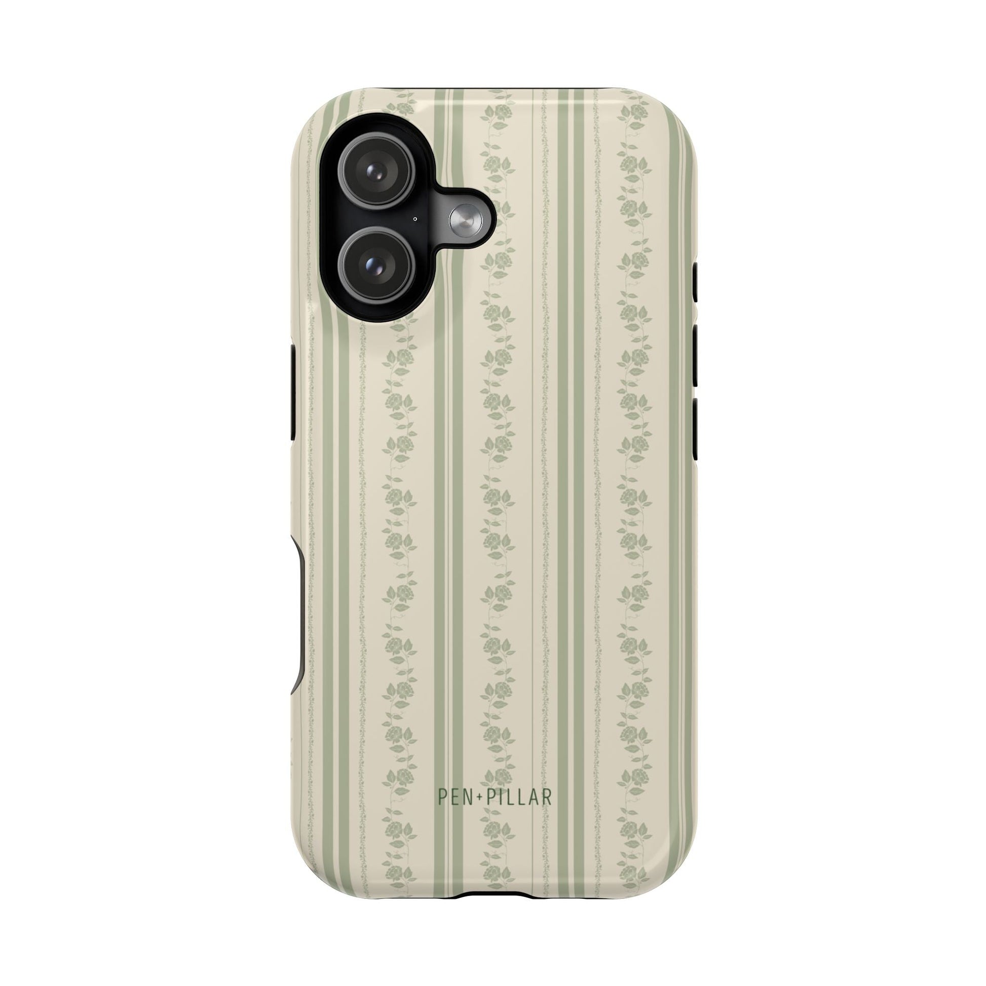 Roselle iPhone case featuring a light green striped design with floral patterns and black edges.