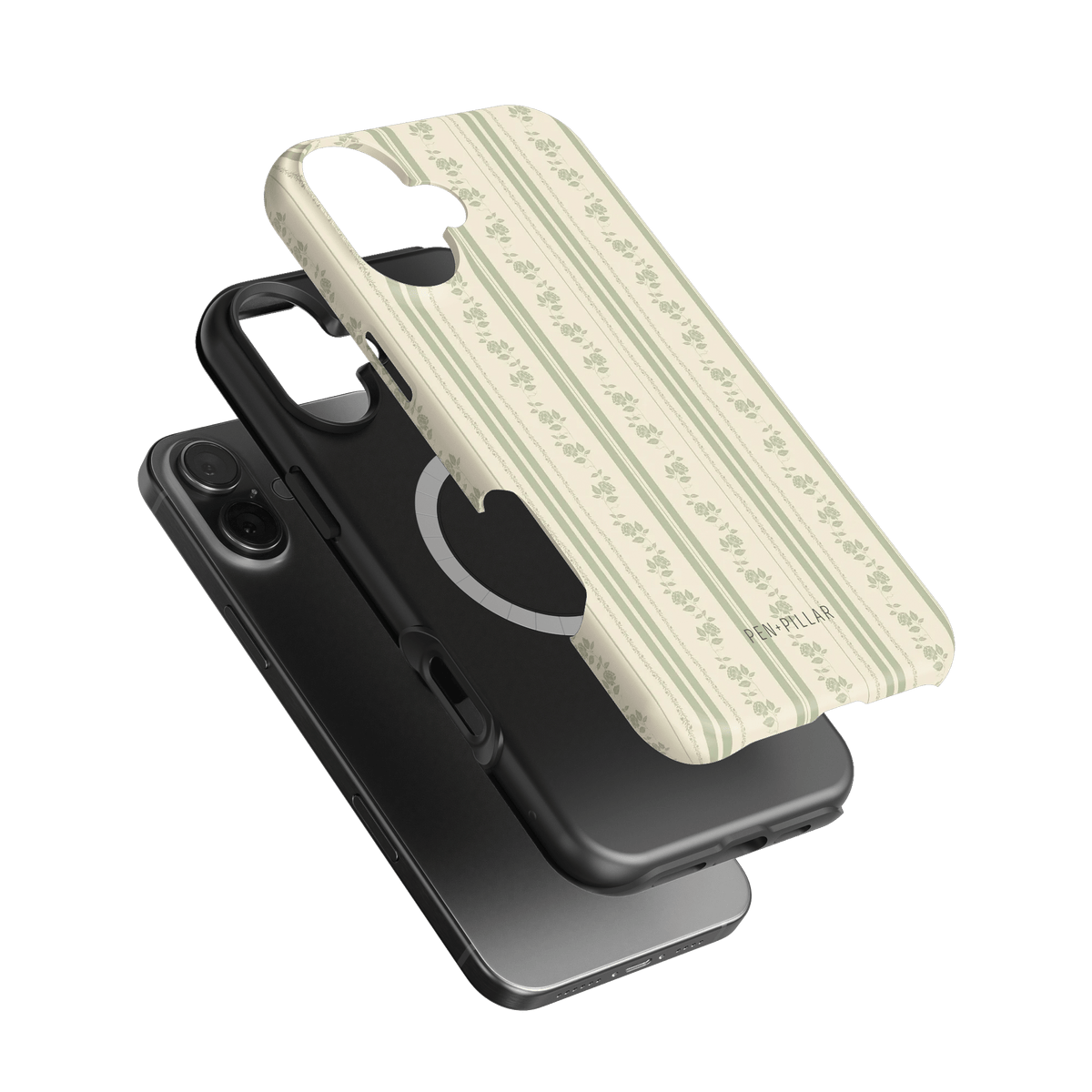 Roselle iPhone case featuring a floral pattern on a cream background, layered over two black phone cases.