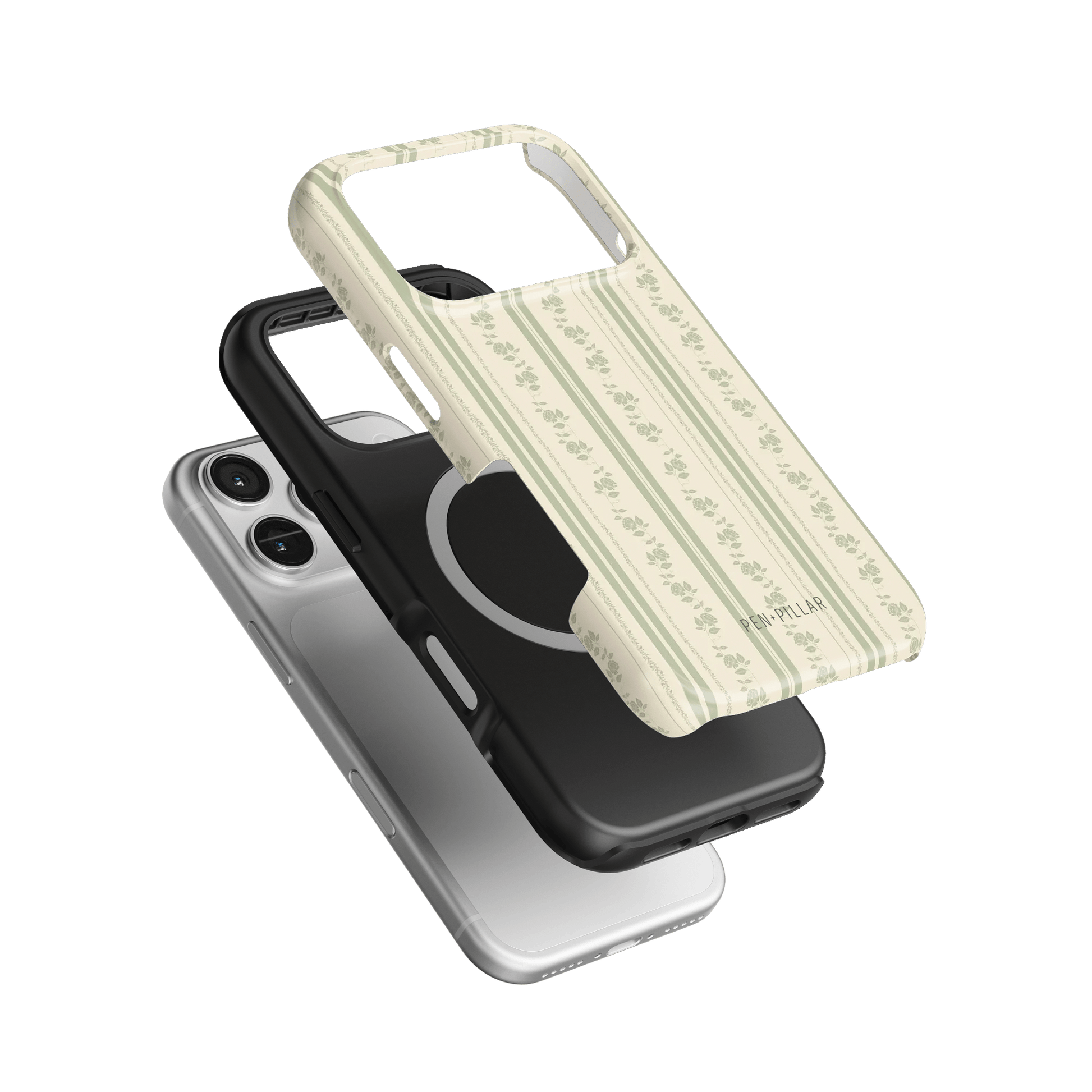 Roselle iPhone case featuring a floral pattern in light green and cream, layered over black and silver cases.