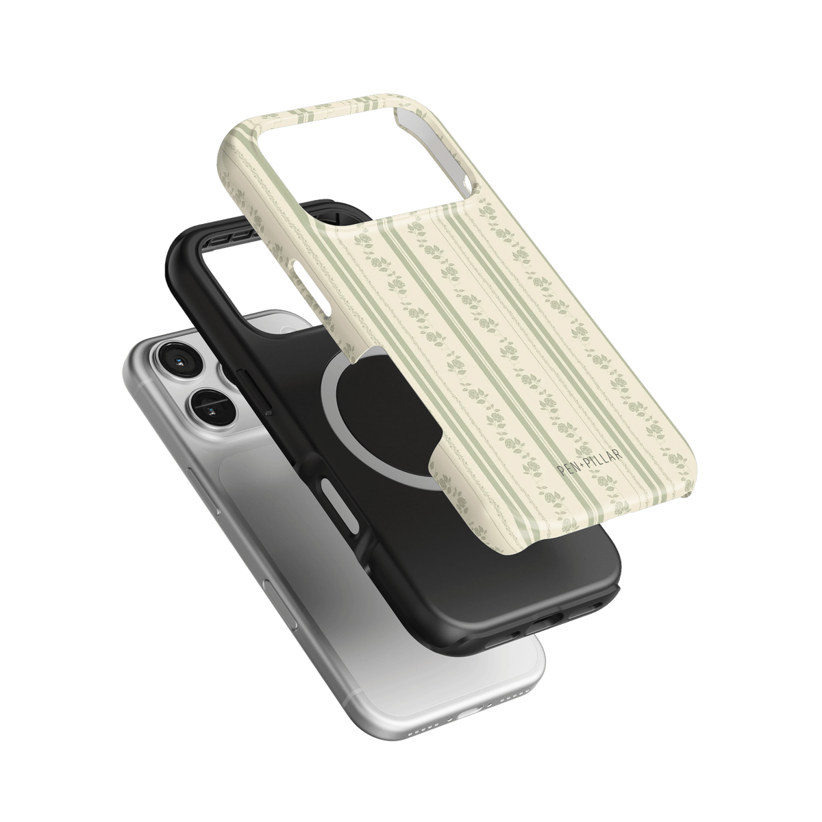 Roselle iPhone case featuring a floral pattern in light green and cream, layered over black and silver cases.