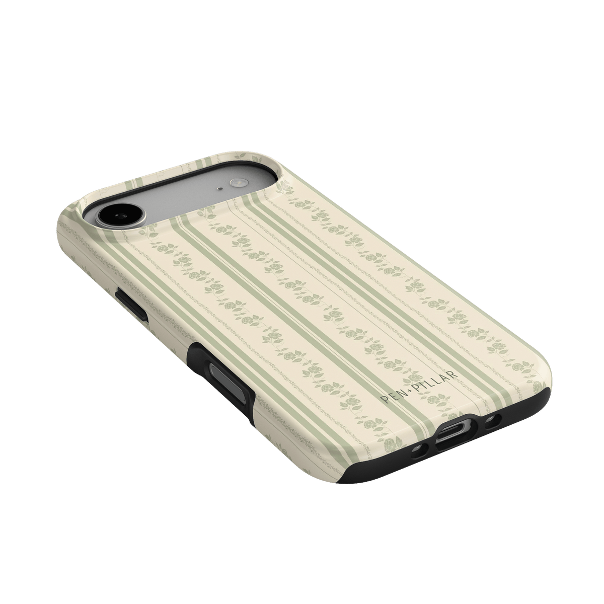 Roselle iPhone case with a cream and green floral pattern, angled view showing button and port cutouts.