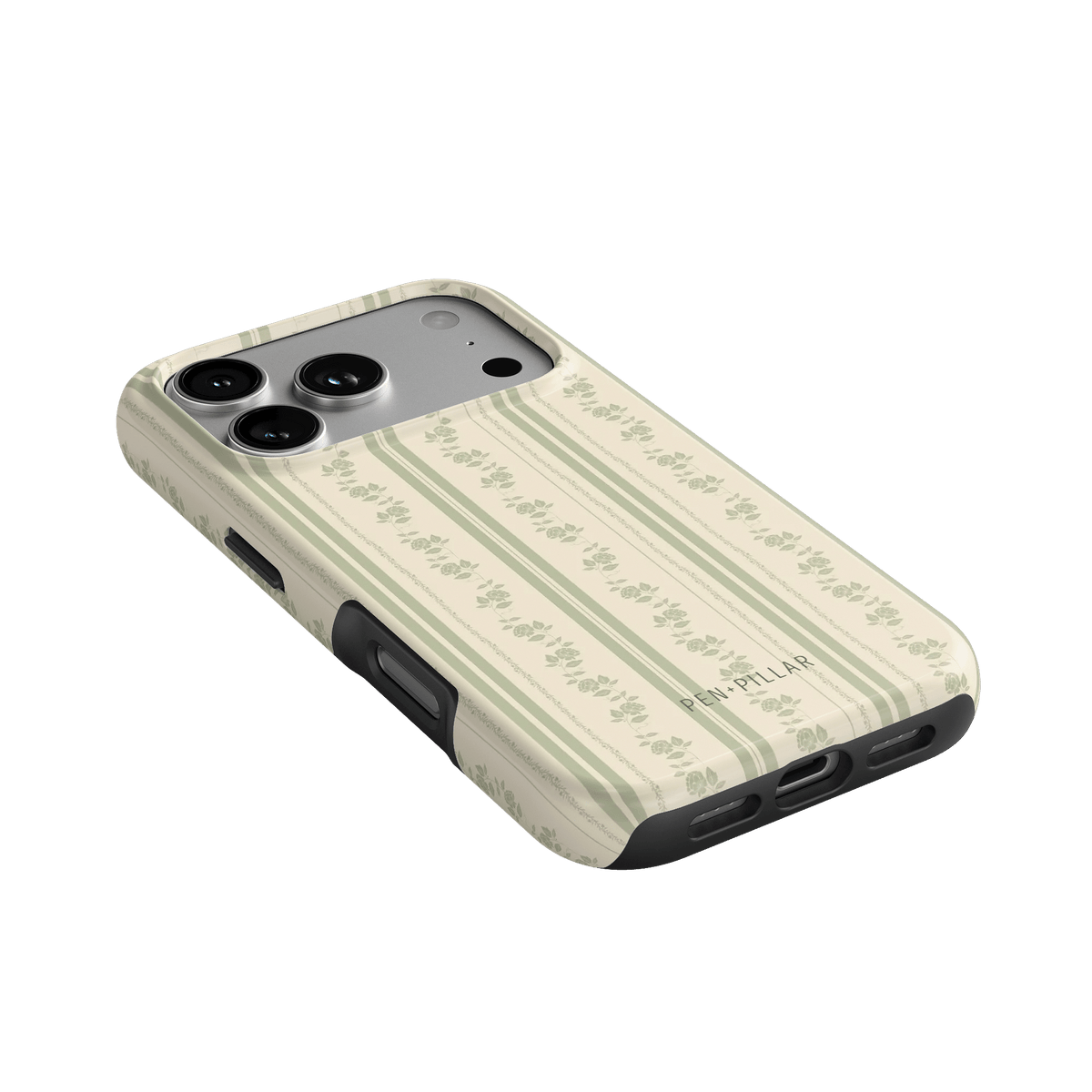 Roselle iPhone case featuring a floral pattern in soft green and cream colors, angled to show the camera cutout.