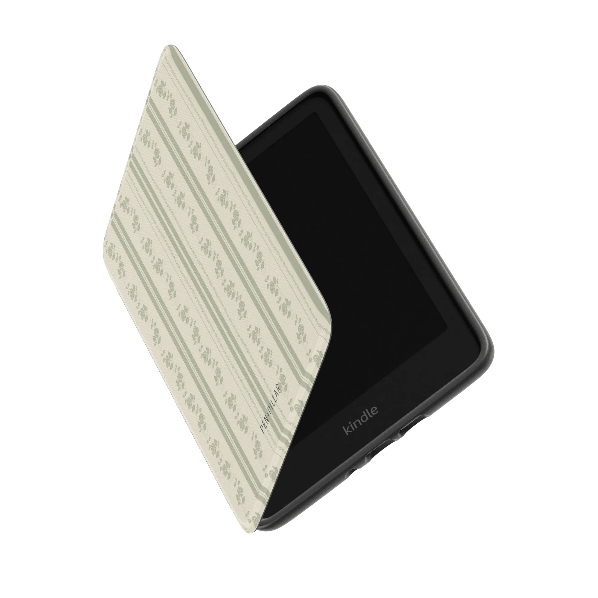 Roselle Kindle case with a light green floral pattern, partially open, showing the Kindle device inside.