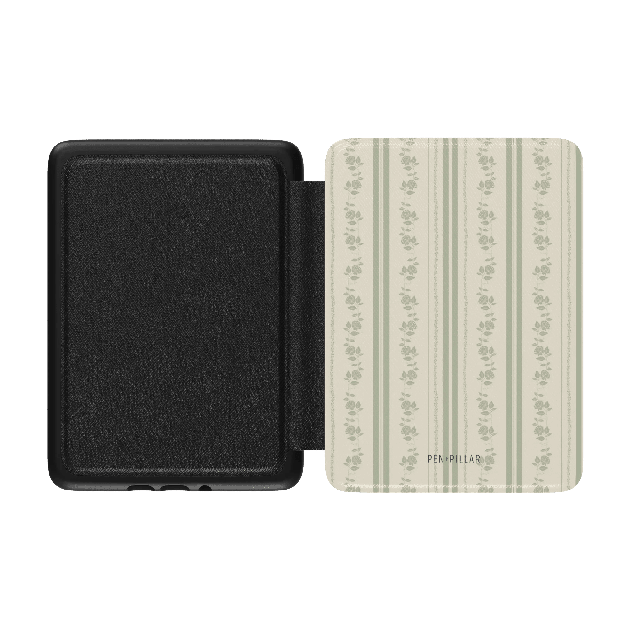 Roselle Kindle case with a black exterior and a floral patterned interior featuring green stripes and small flowers.