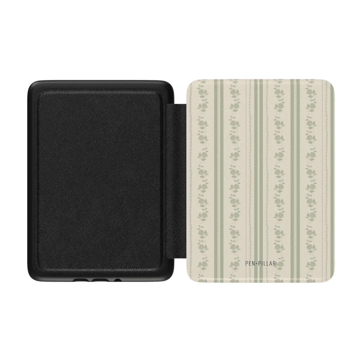 Roselle Kindle case with a black exterior and a floral patterned interior featuring green stripes and small flowers.
