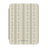 Roselle Kindle case featuring a floral pattern with green stripes on a cream background, branded with "PEN-PILLAR.