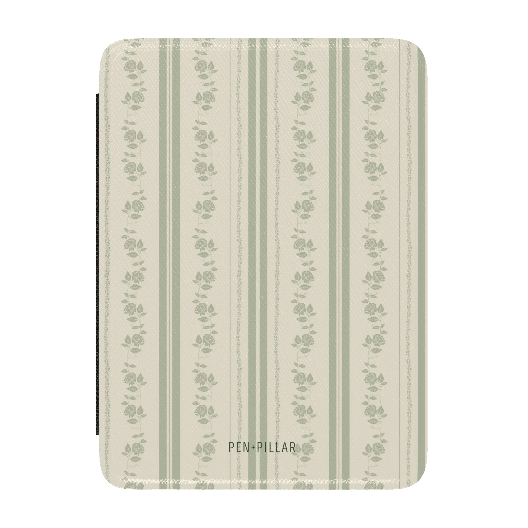 Roselle Kindle case featuring a floral pattern with green stripes on a cream background, branded with "PEN-PILLAR.