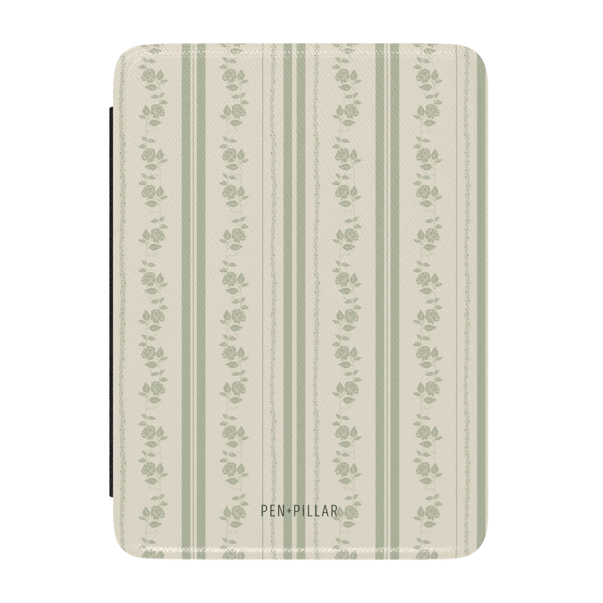 Roselle Kindle case featuring a floral pattern with green stripes on a cream background, branded with "PEN-PILLAR.