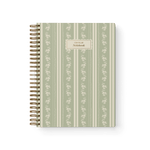 Roselle notebook with a green striped cover and floral pattern, featuring a gold spiral binding.