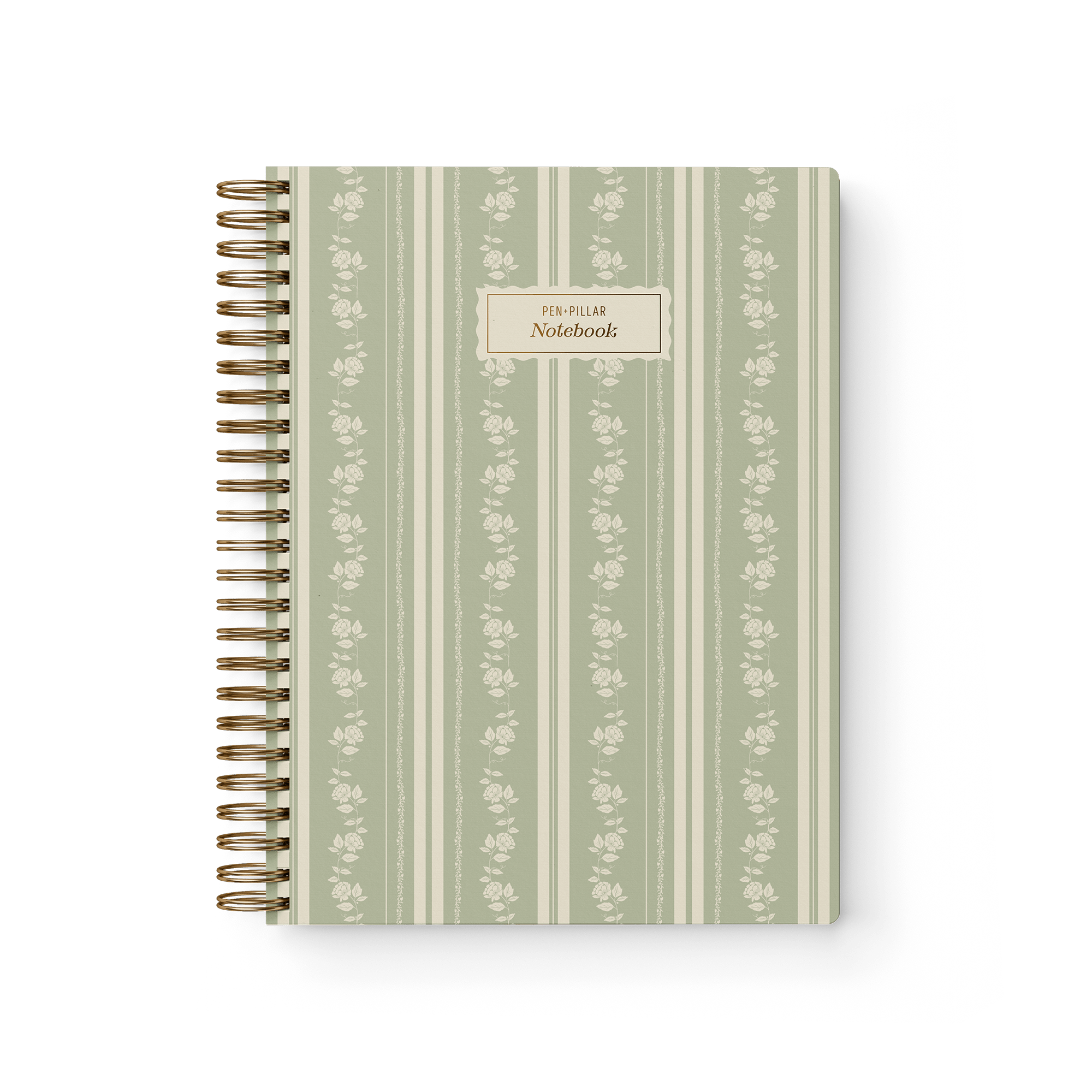 Roselle notebook with a green striped cover and floral pattern, featuring a gold spiral binding.