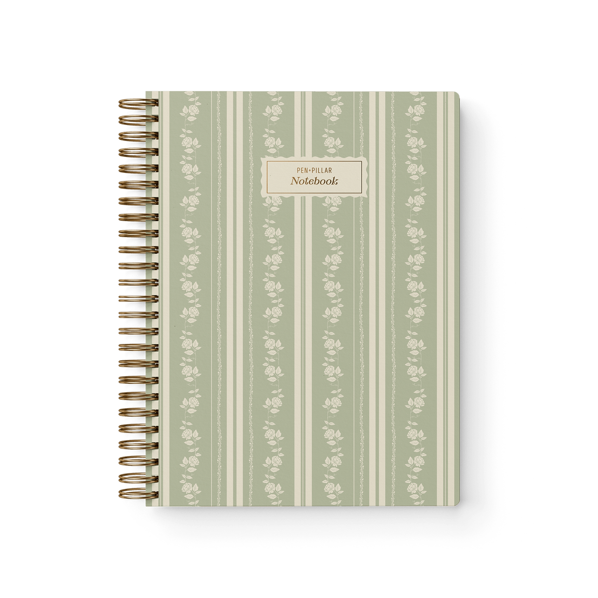 Roselle notebook with a green striped cover and floral pattern, featuring a gold spiral binding.