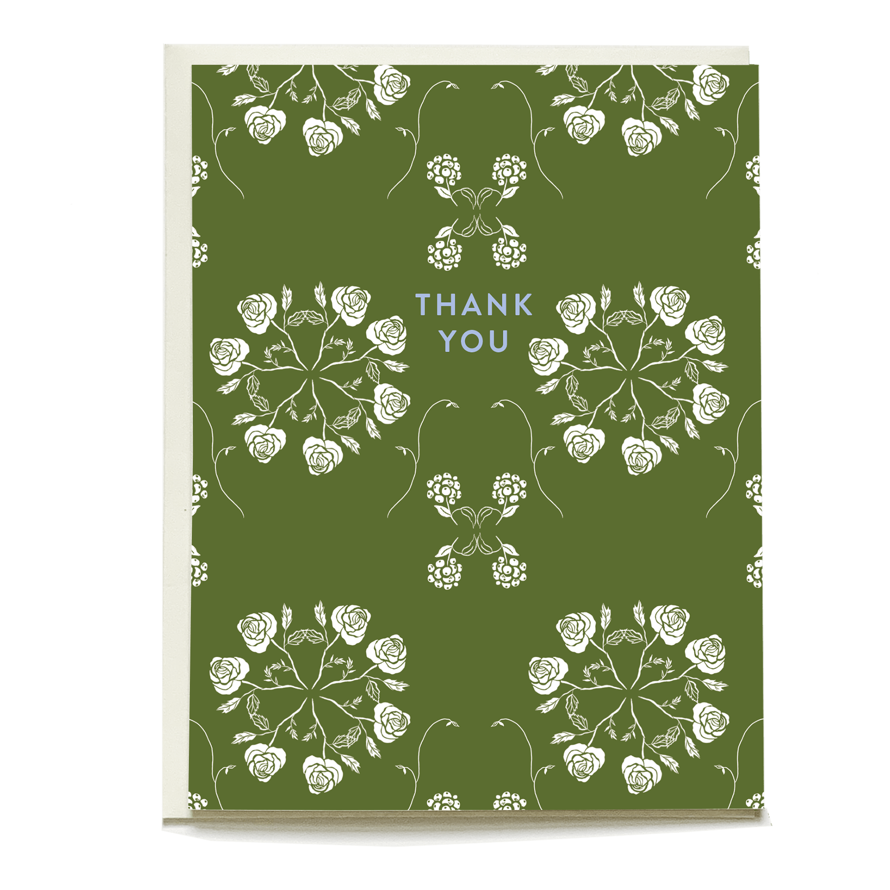 Roses thank you card featuring white roses on a green background with "Thank You" text in blue.