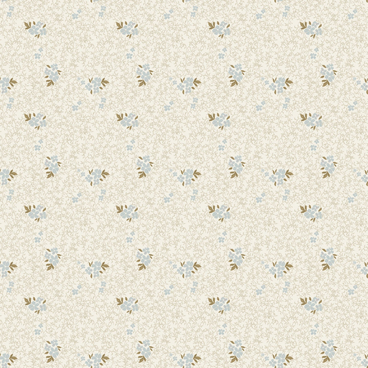 Roxanne wallpaper by Pen and Pillar featuring small blue flower clusters and tan vines on a cream background.