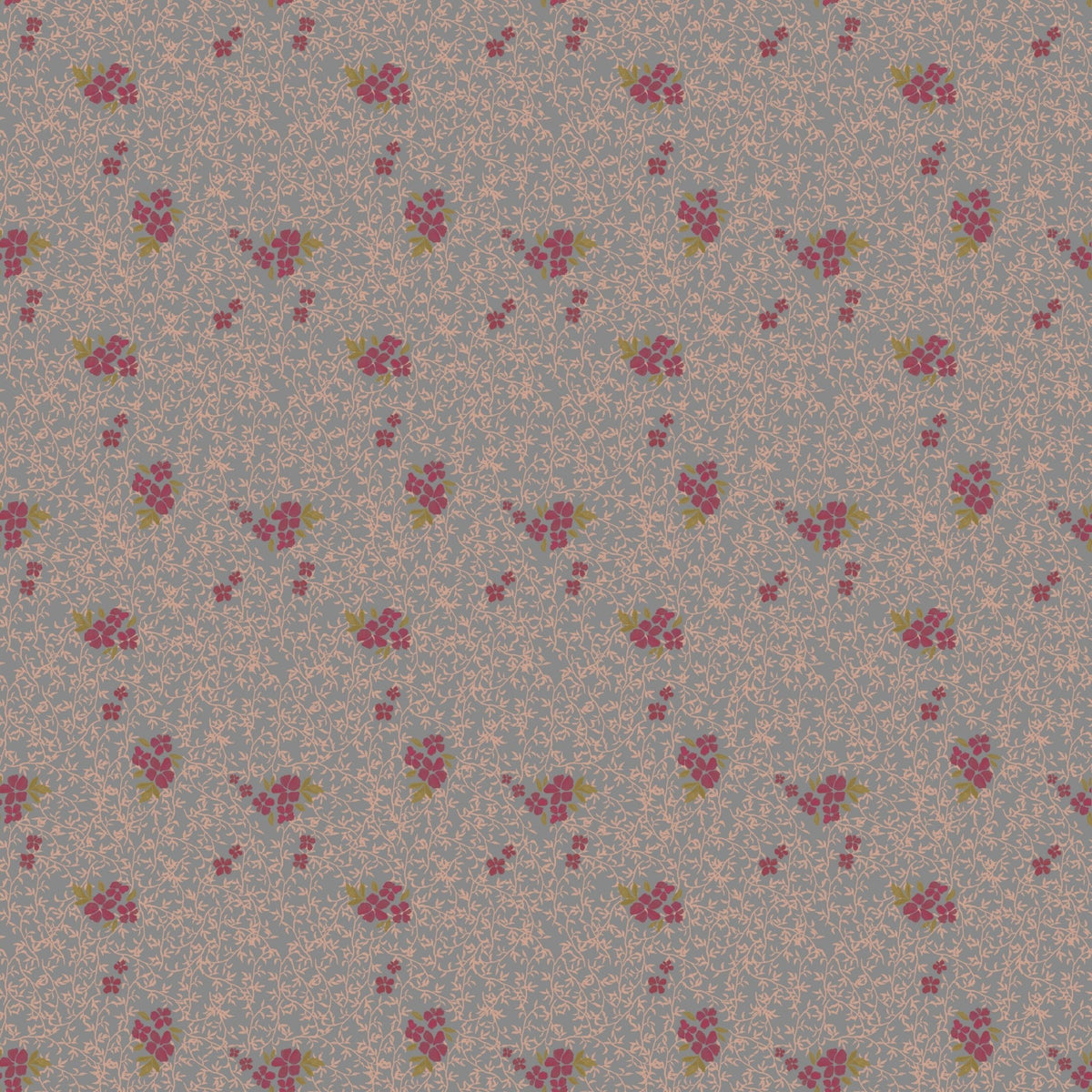 Roxanne Wallpaper by Pen and Pillar featuring a repeating pattern of small red floral clusters on a grey and pink background.