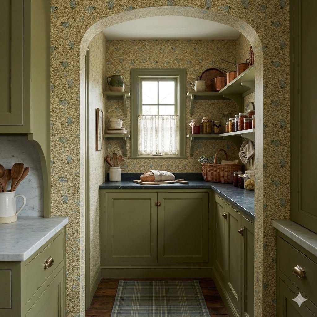 Green kitchen pantry with Roxanne floral wallpaper by Pen and Pillar, olive cabinets, and wooden shelves.