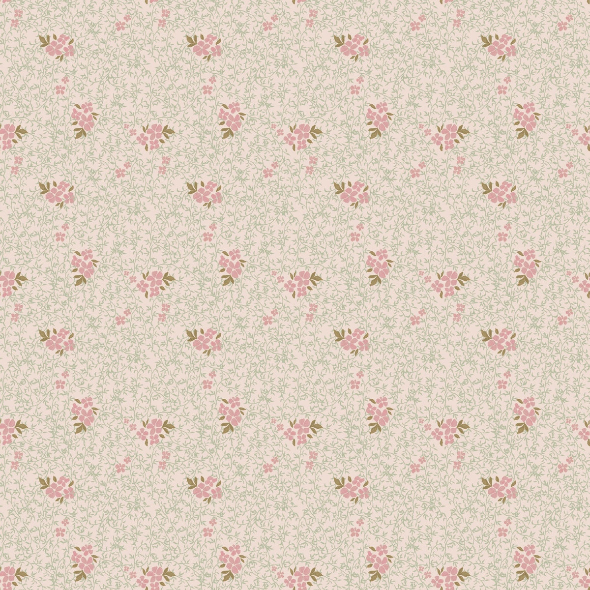 Roxanne Wallpaper by Pen and Pillar featuring a repeating pattern of small pink flowers and green vines on a tan background.