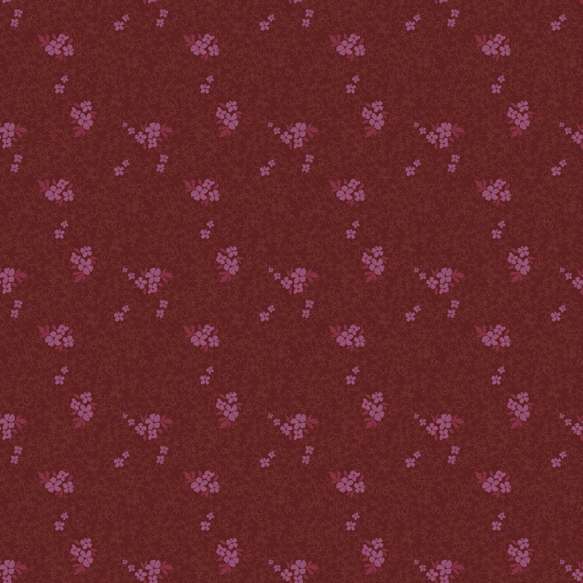 Dark red wallpaper featuring a repeating pattern of small pink floral clusters and faint, swirling vine outlines.