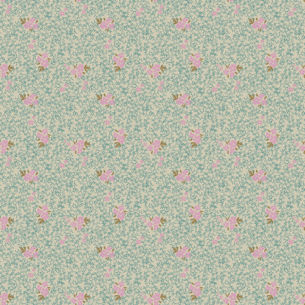 Roxanne Wallpaper by Pen and Pillar featuring a repeating pattern of small pink flowers and green vines on a tan background.