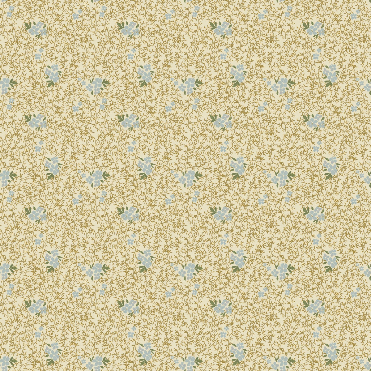 Roxanne Wallpaper by Pen and Pillar featuring a repeating pattern of small blue flowers and tan vines on a cream background.