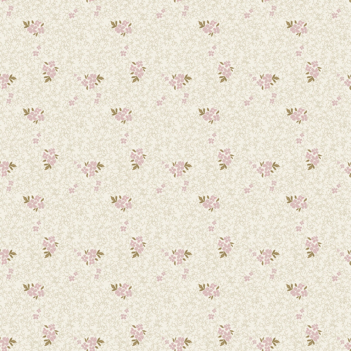 Cream Roxanne wallpaper with a repeating pattern of small pink flower clusters and light tan vine illustrations.