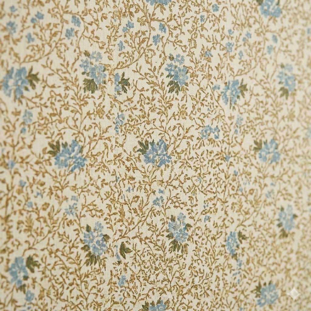Cream wallpaper with a repeating pattern of small blue flowers and tan vines by Pen and Pillar.