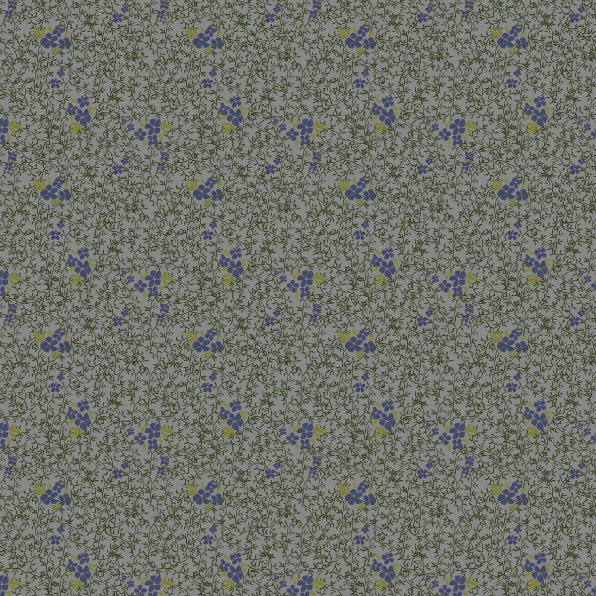Roxanne Wallpaper by Pen and Pillar featuring a pattern of small purple flowers and green vines on a grey background.