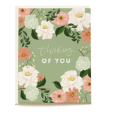 Sage rose sympathy card featuring floral designs in pink, white, and green with "Thinking of You" text.