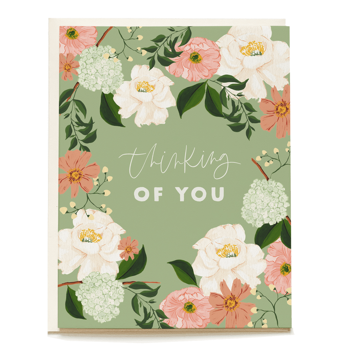 Sage rose sympathy card featuring floral designs in pink, white, and green with "Thinking of You" text.