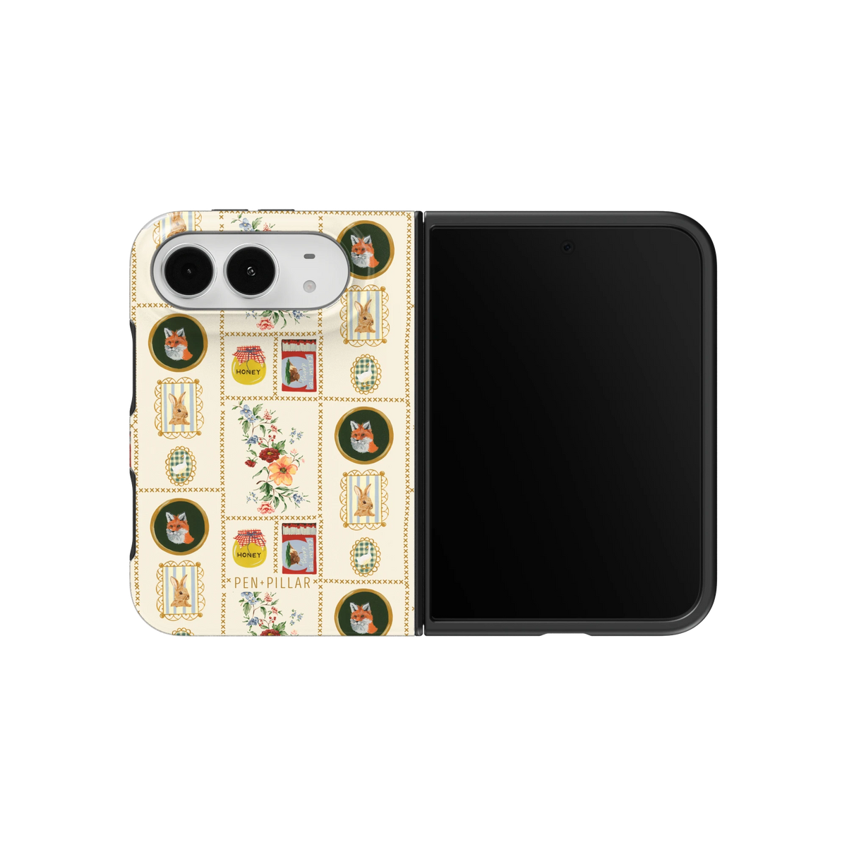 Sampler iPhone 18 Duo case on an unfolded iPhone 18 Duo, back and screen side by side: cross-stitch style squares of jars, animals and florals on cream