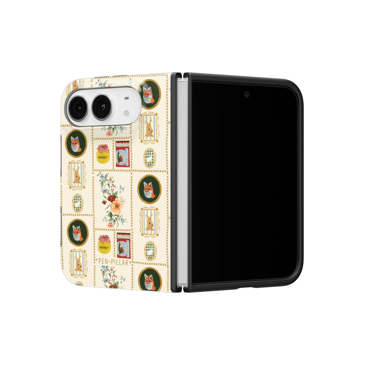 Sampler iPhone 18 Duo case on a half-open iPhone 18 Duo, angled view