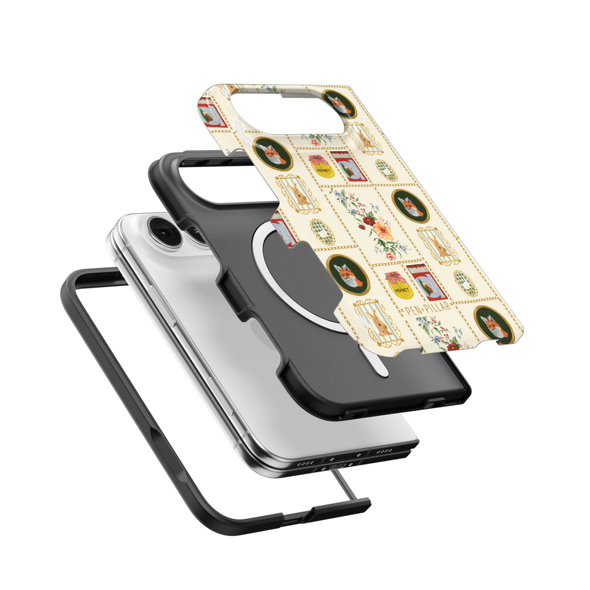 Sampler iPhone 18 Duo case, exploded view of the printed shell, black inner layer with MagSafe ring, and phone