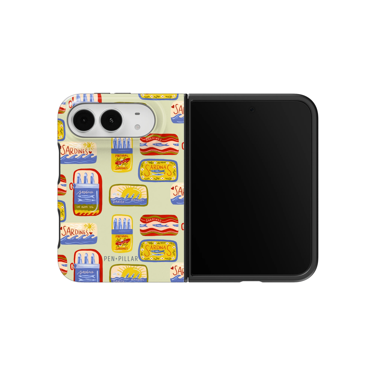 Sardines iPhone 18 Duo case on an unfolded iPhone 18 Duo, back and screen side by side: vintage sardine tins on pale sage