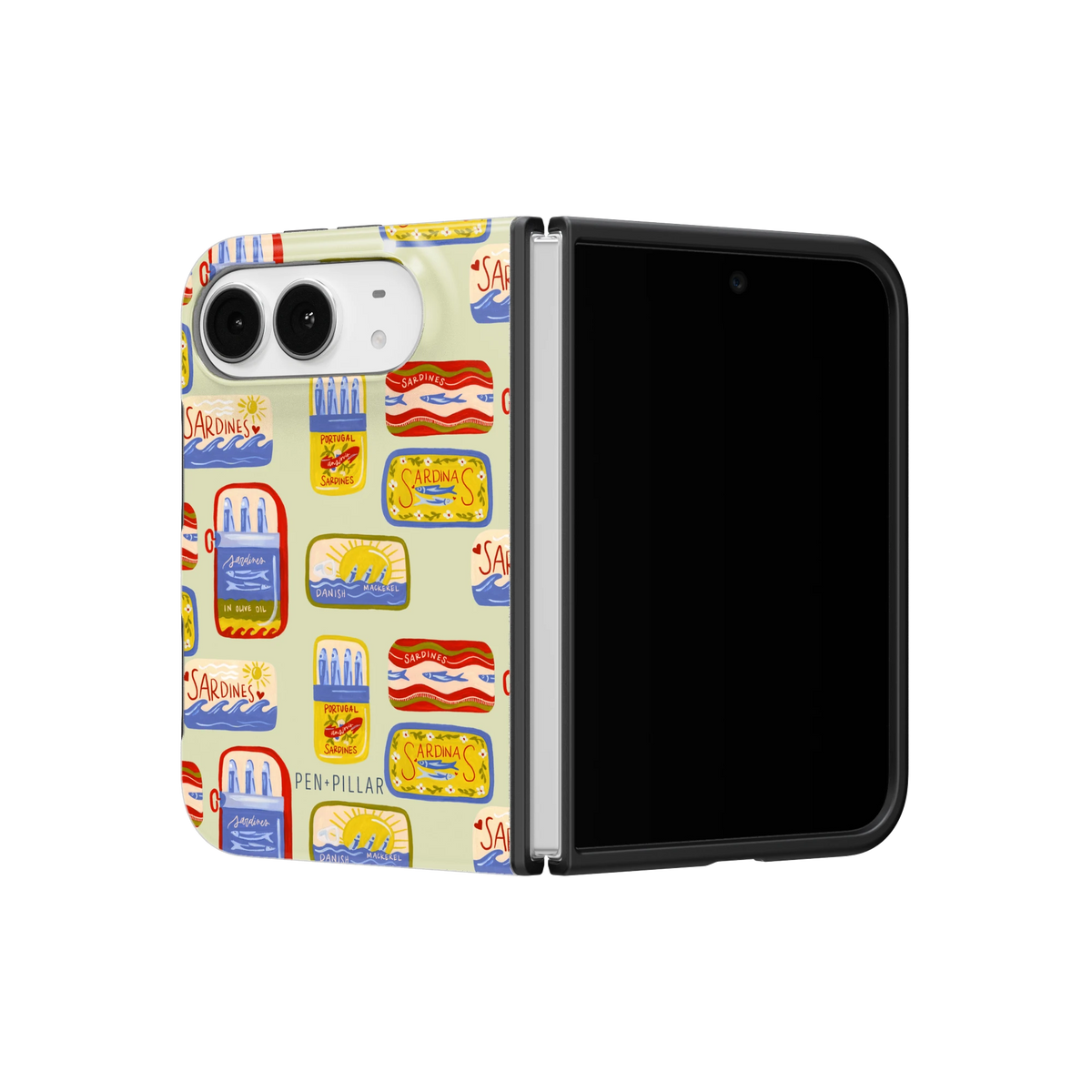 Sardines iPhone 18 Duo case on a half-open iPhone 18 Duo, angled view