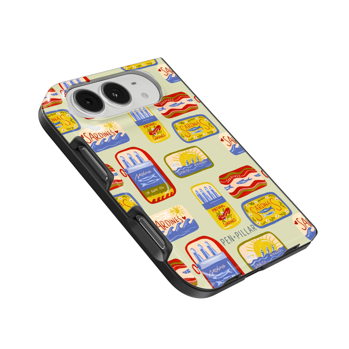 Sardines iPhone 18 Duo case, angled view showing the camera surround and side buttons