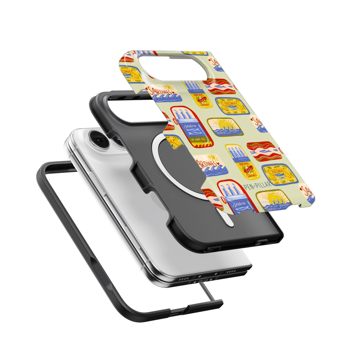 Sardines iPhone 18 Duo case, exploded view of the printed shell, black inner layer with MagSafe ring, and phone