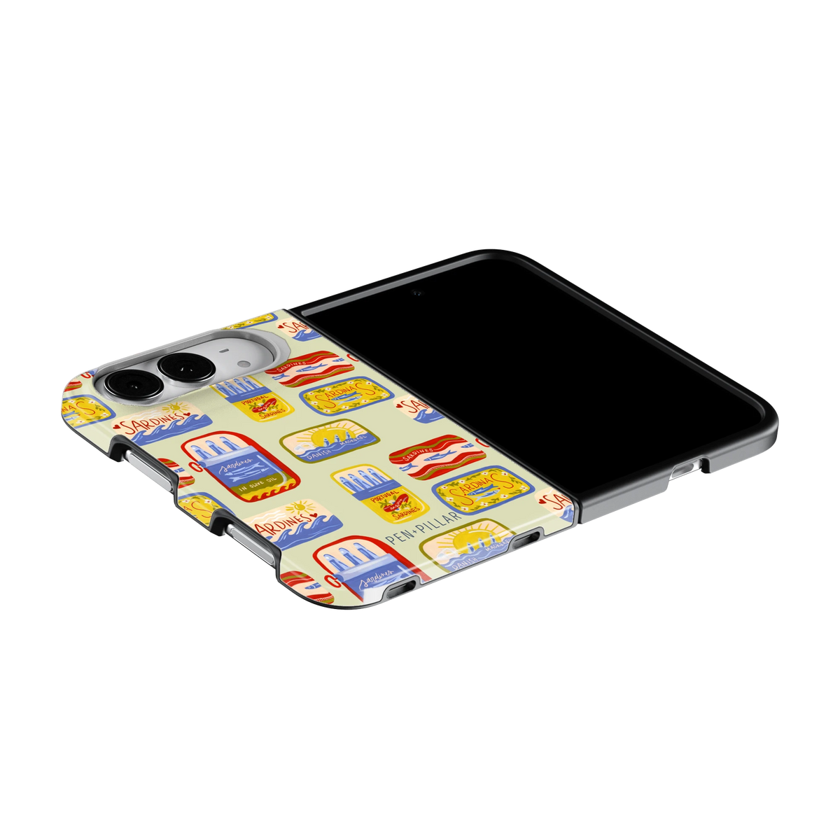 Sardines iPhone 18 Duo case on an iPhone 18 Duo lying flat, unfolded