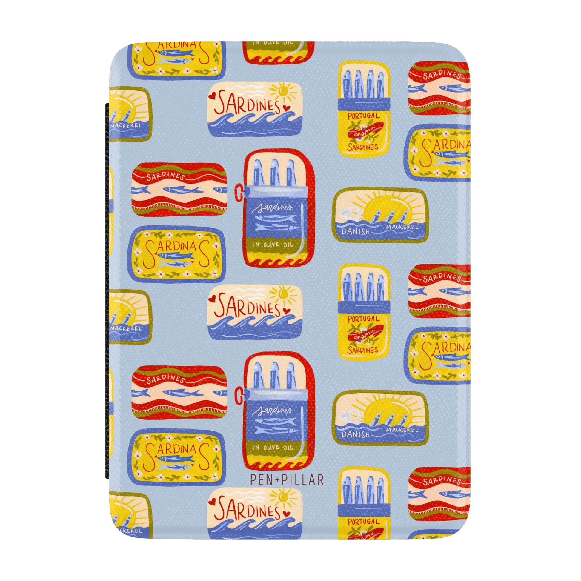 Light blue Kindle case with a pattern of colorful sardine and mackerel tins. PEN+PILLAR is printed at the bottom.
