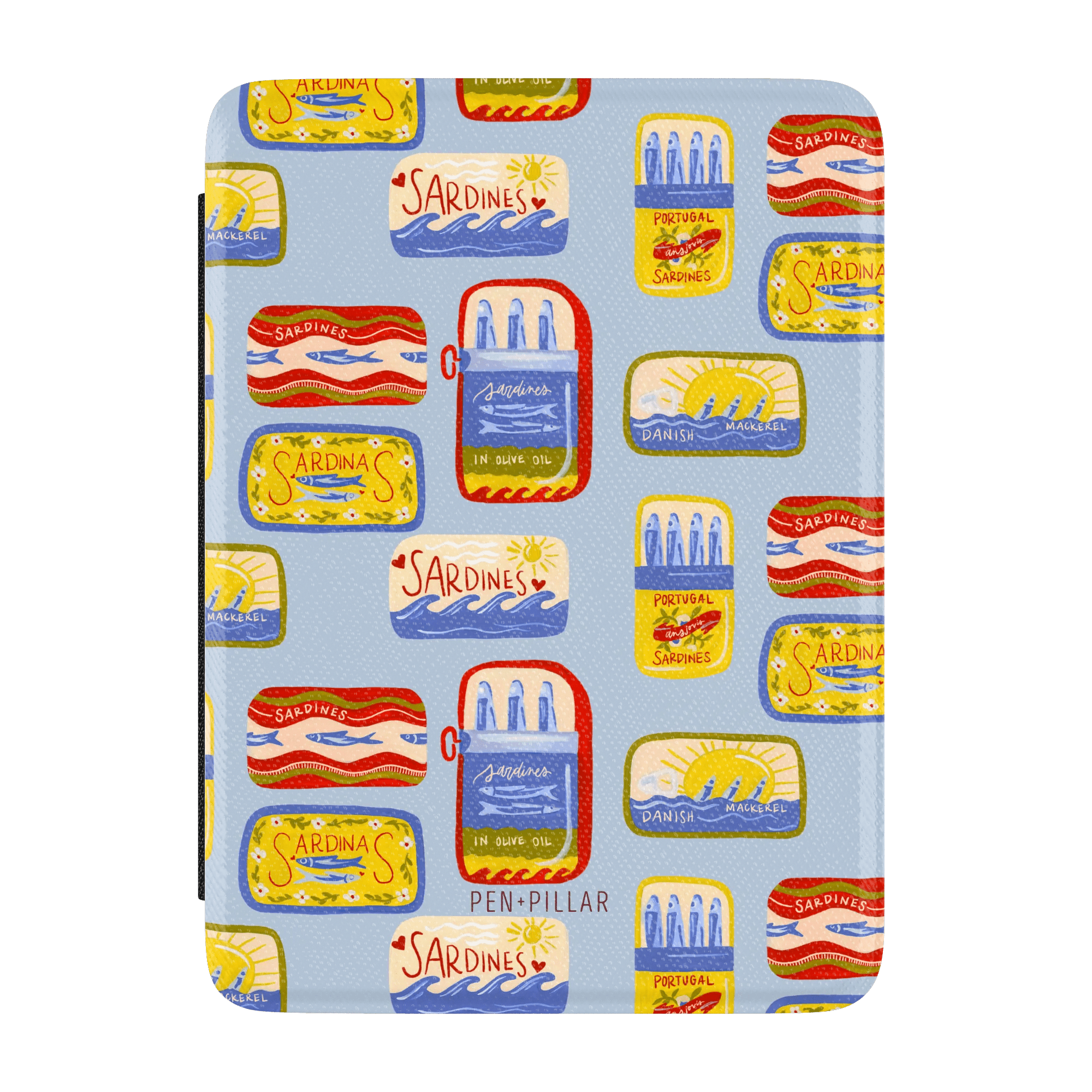 Light blue Kindle case with a pattern of colorful sardine and mackerel tins. PEN+PILLAR is printed at the bottom.