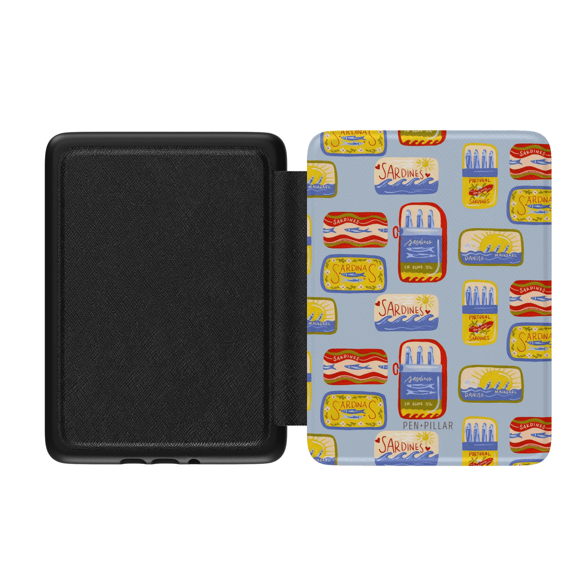Open black Kindle case with a light blue cover featuring a colorful pattern of sardine tins and the brand name PEN + PILLAR.