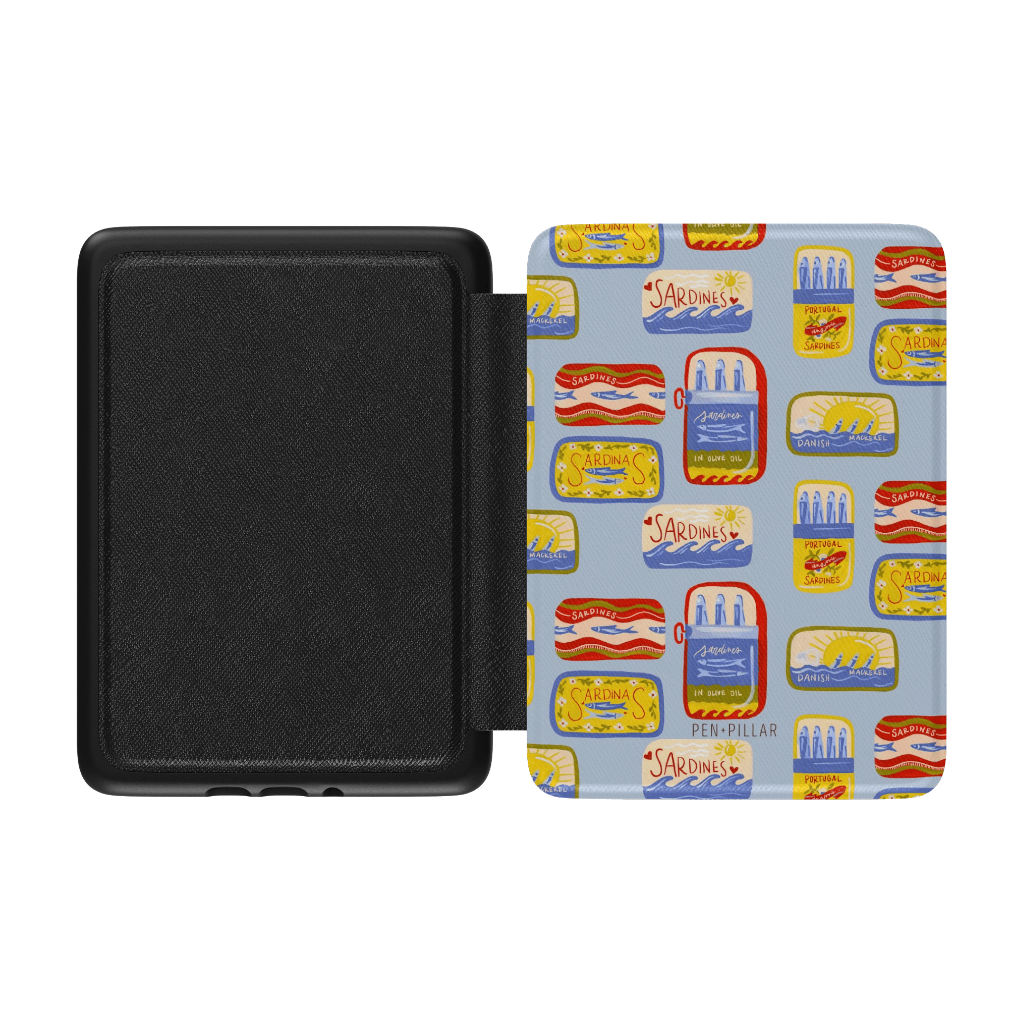 Open black Kindle case with a light blue cover featuring a colorful pattern of sardine tins and the brand name PEN + PILLAR.