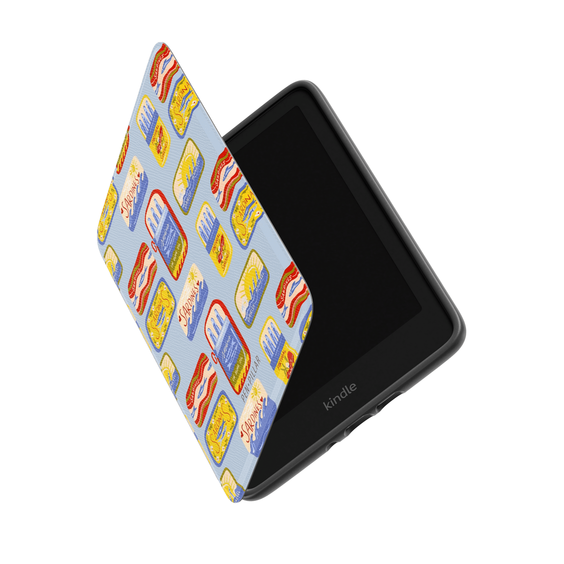 Black Kindle case with a light blue cover featuring a pattern of colorful sardine tin illustrations.