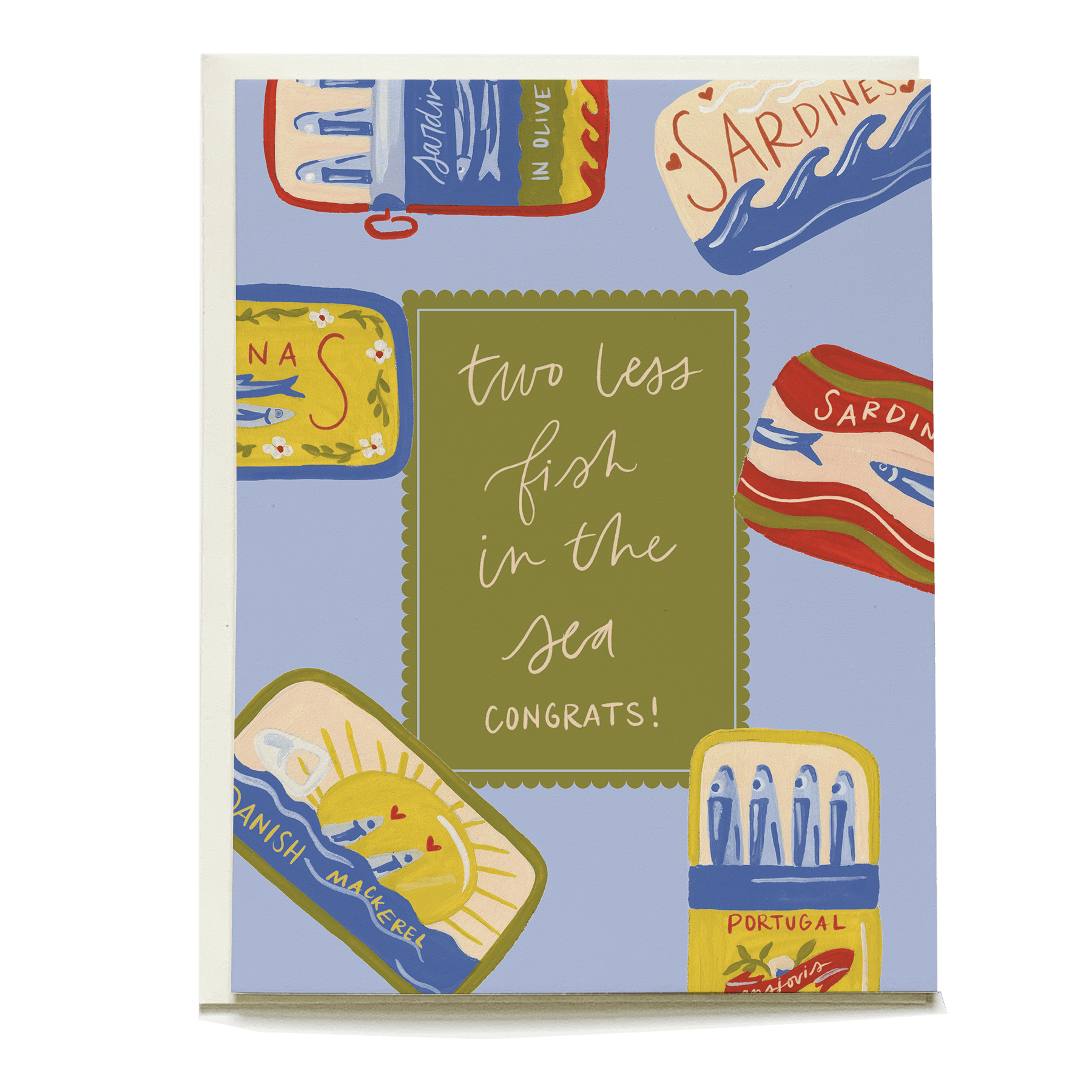 Sardines wedding card featuring colorful tin designs and the text "two less fish in the sea, congrats!" on a blue background.